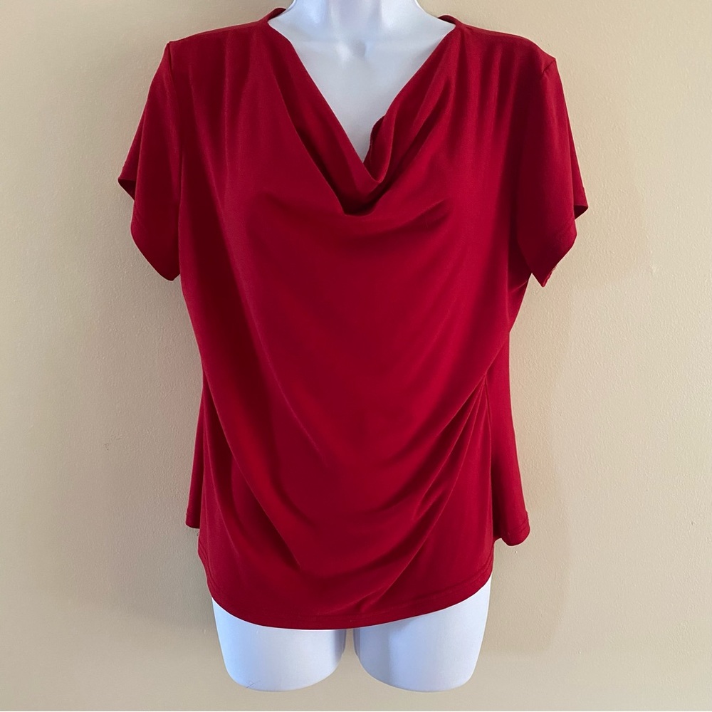 Briggs New York Red Cowl Neck Blouse Size L Minimalist Travel Capsule Wardrobe